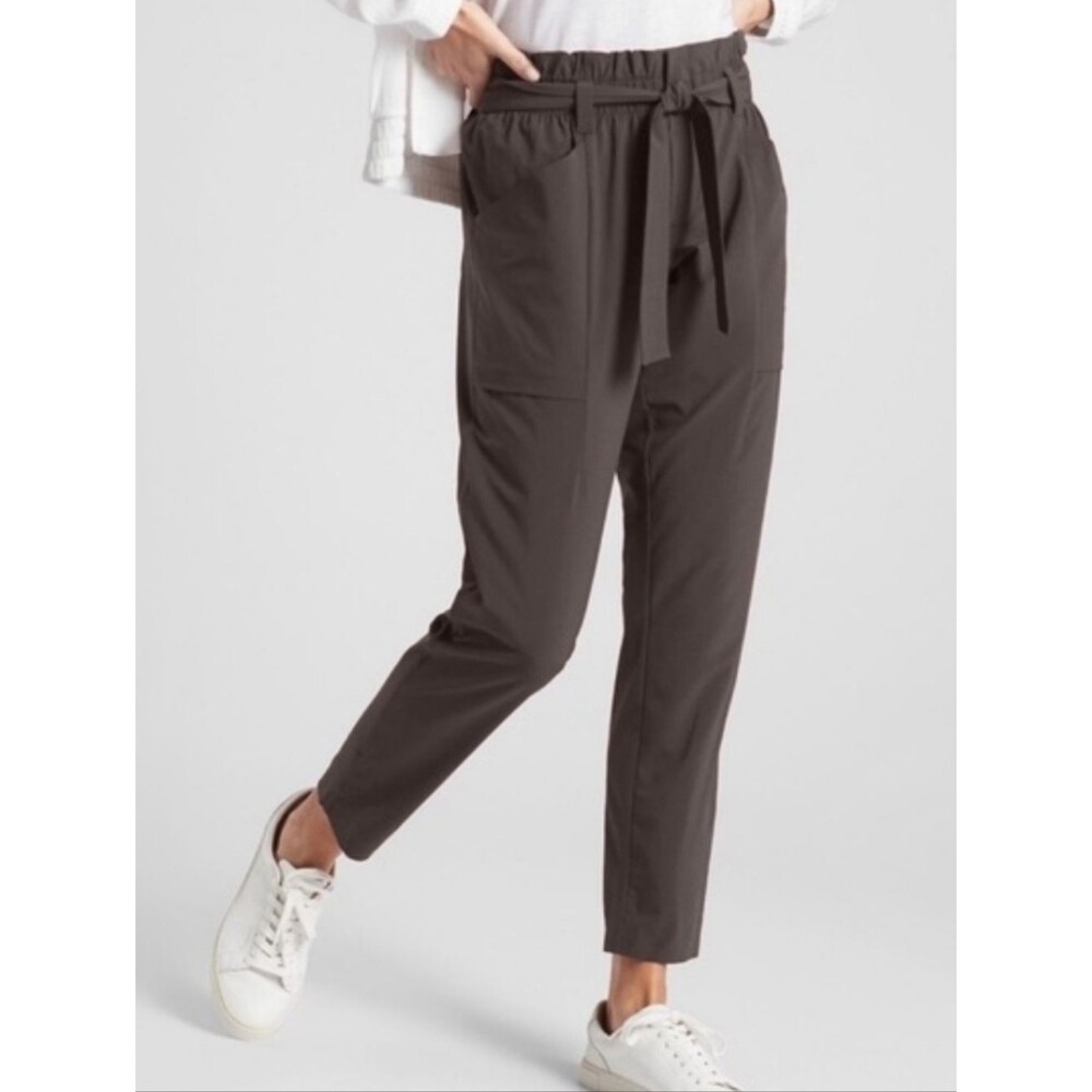 Athleta Skyline Featherweight Stretch Arbor Olive Tie Waist Belted Pants, 6